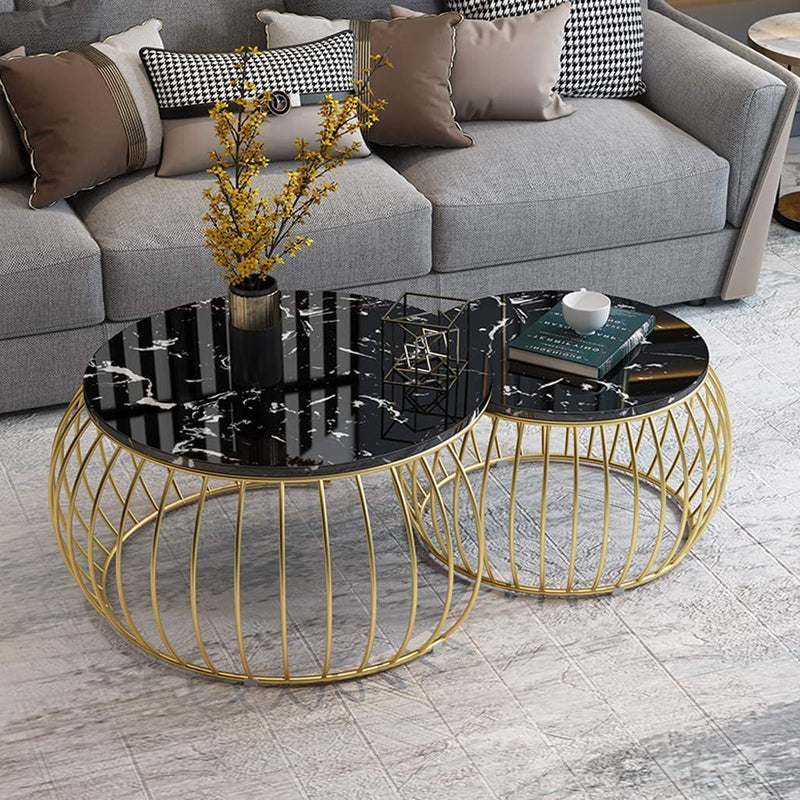 Luxury Black Marble & Gold Nesting Coffee Table Set – 2 Pieces