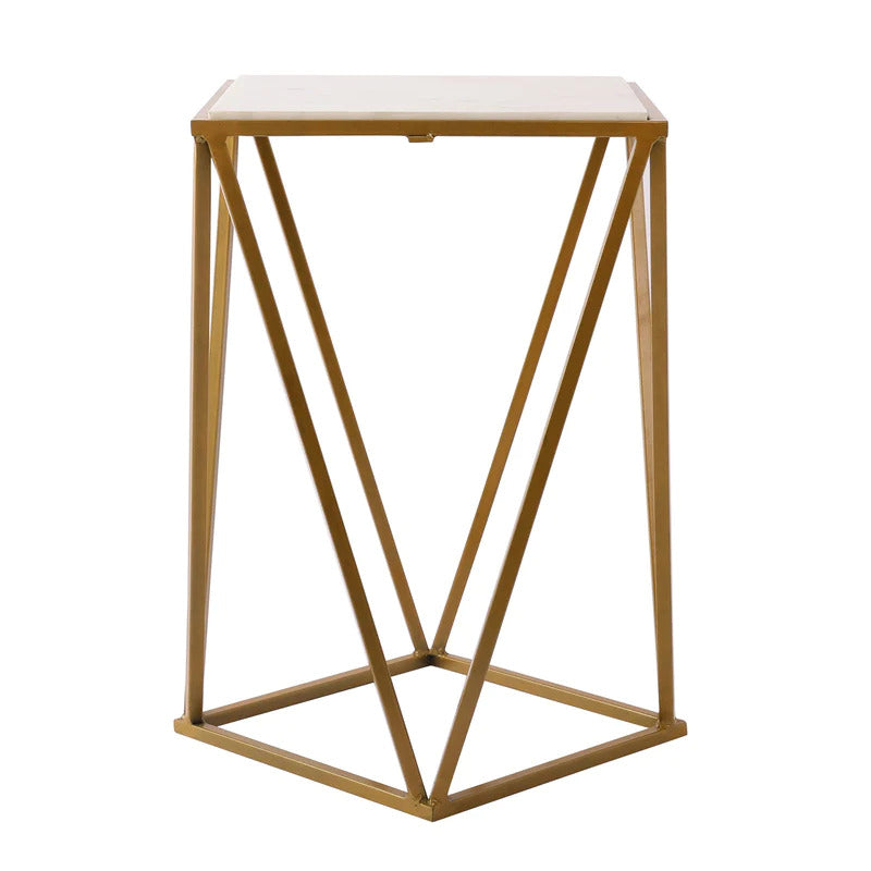 Modern Geometric Marble Top Side Table with Gold Metal Base