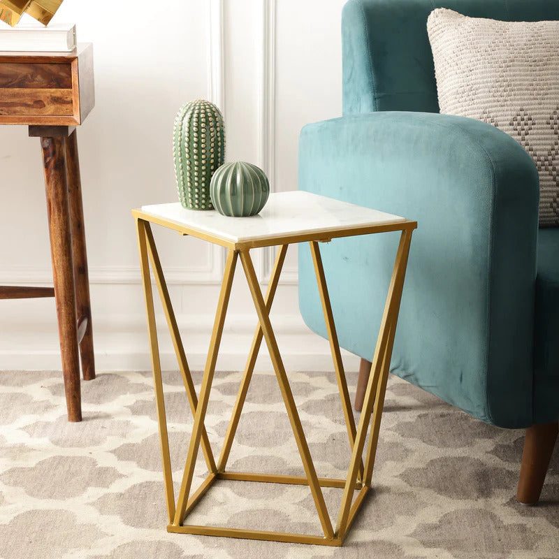 Modern Geometric Marble Top Side Table with Gold Metal Base