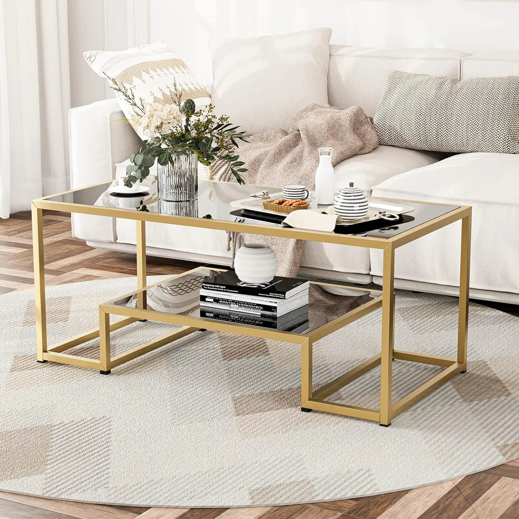 Modern Design Marble Texture Center Table Gold Paint Finish.